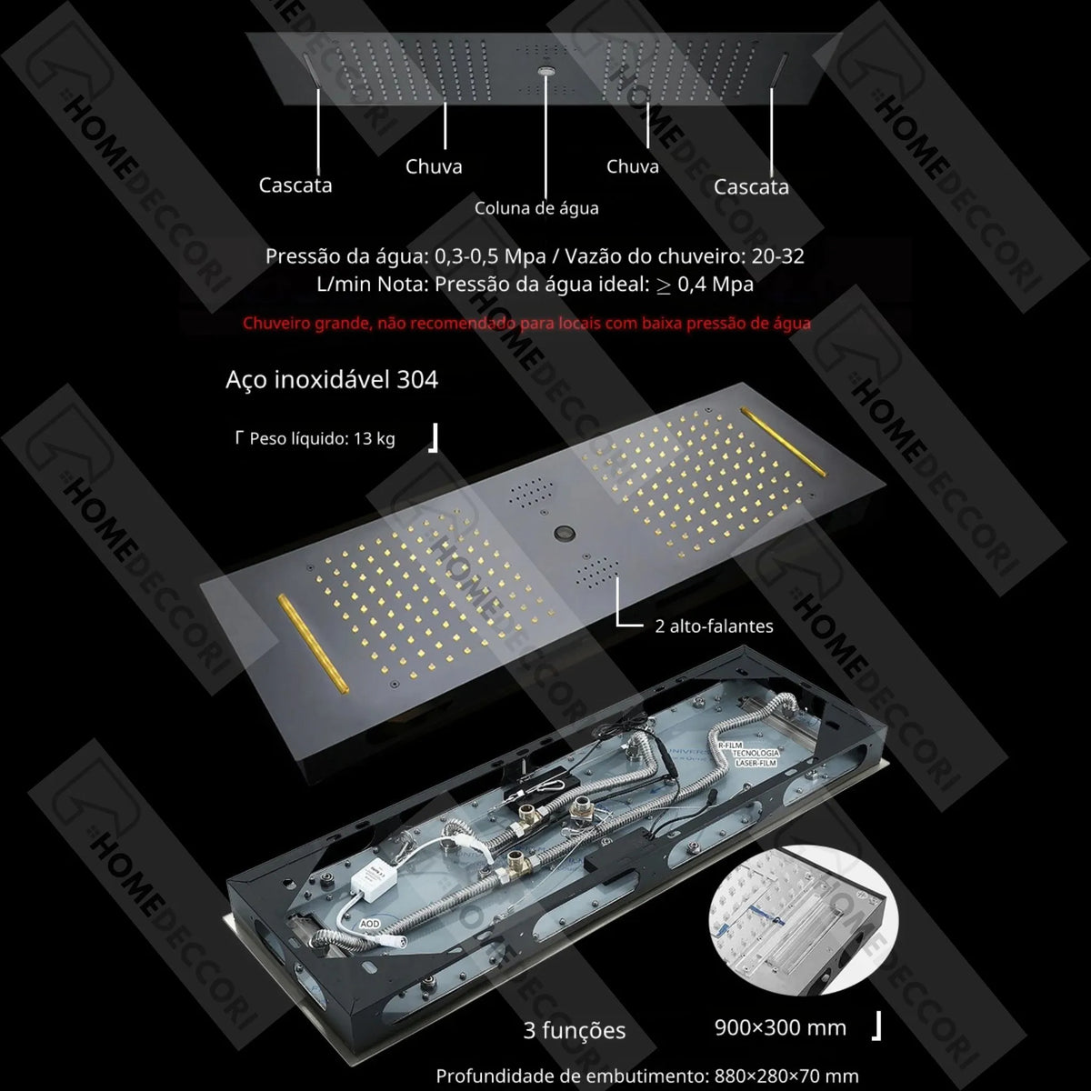 Ducha De Teto Embutir Inox 90x30 LED Bluetooth Spa Majestic - Homedeccori