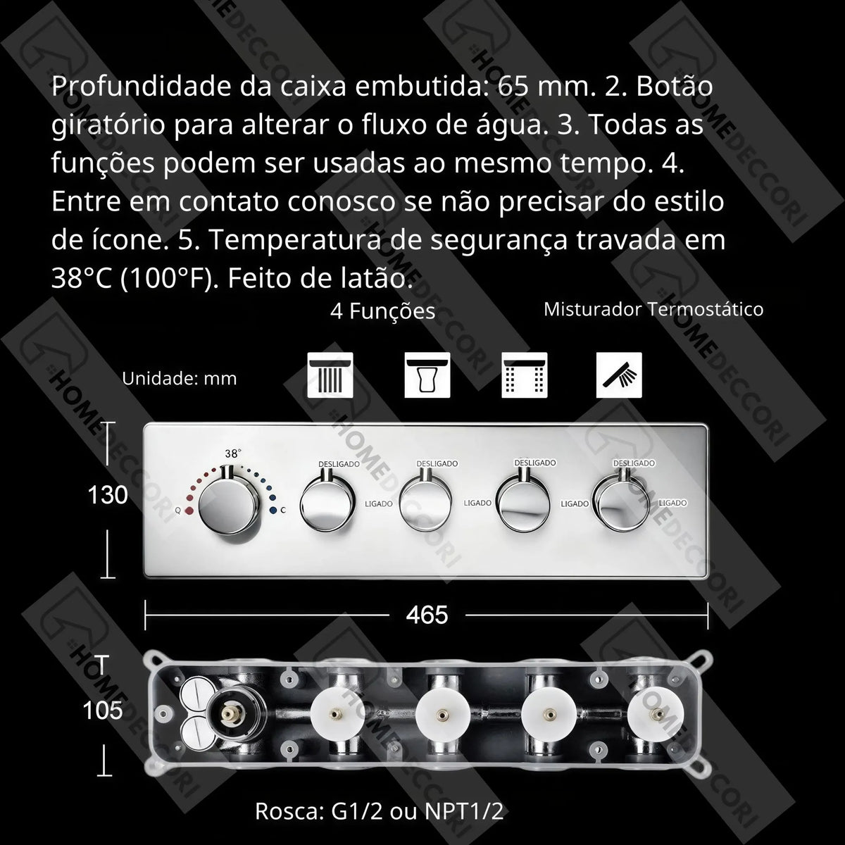 Ducha De Teto Embutir Inox 58x38 LED Bluetooth Spa Vortex