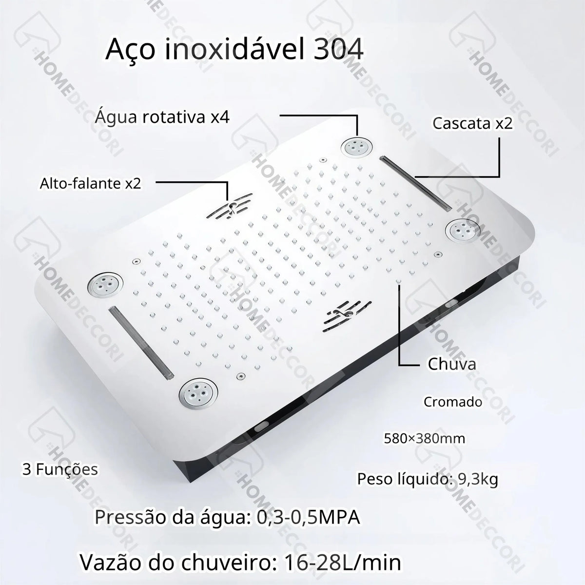 Ducha De Teto Embutir Inox 58x38 LED Bluetooth Spa Vortex