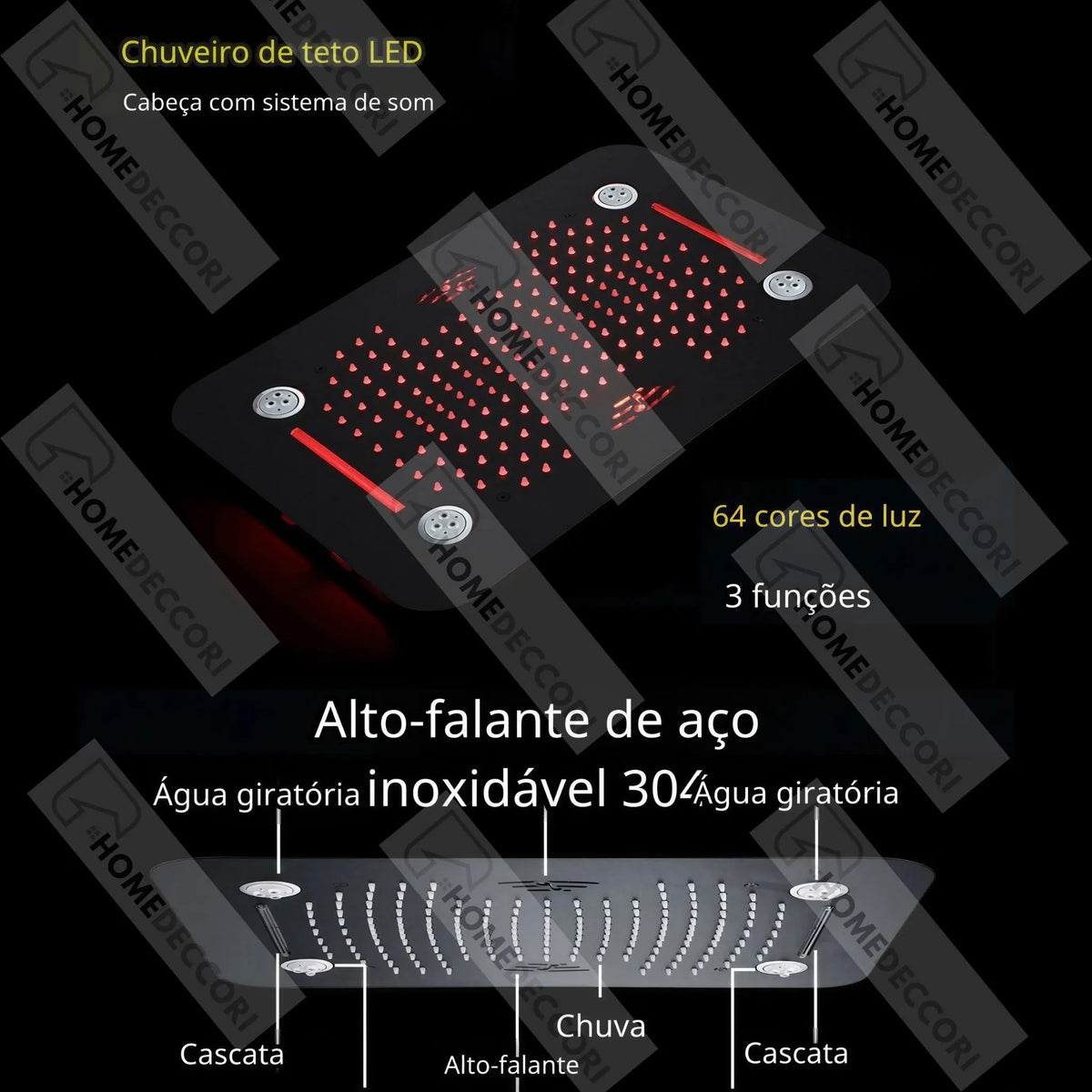 Ducha De Teto Embutir Inox 58x38 LED Bluetooth Spa Vortex