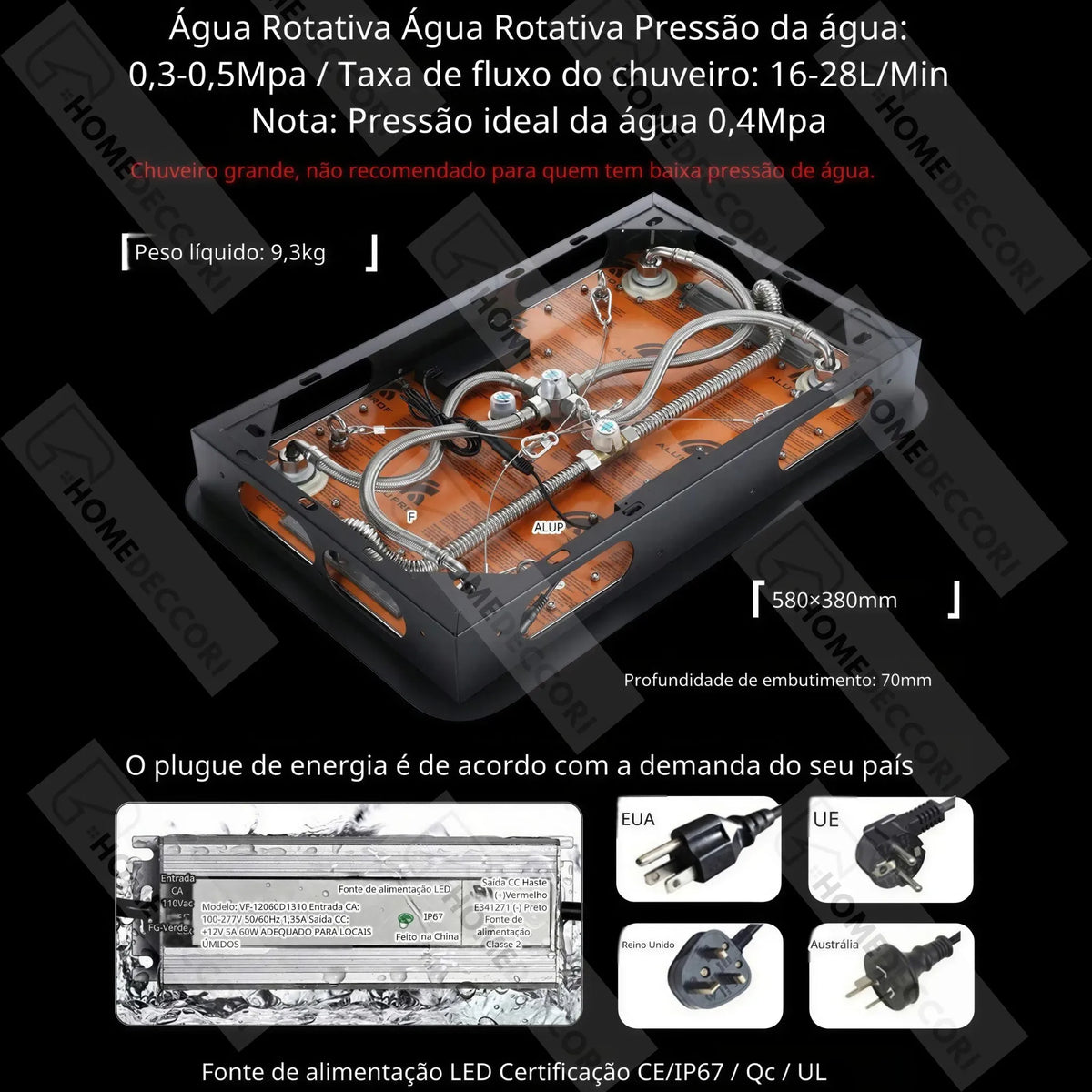 Ducha De Teto Embutir Inox 58x38 LED Bluetooth Spa Vortex