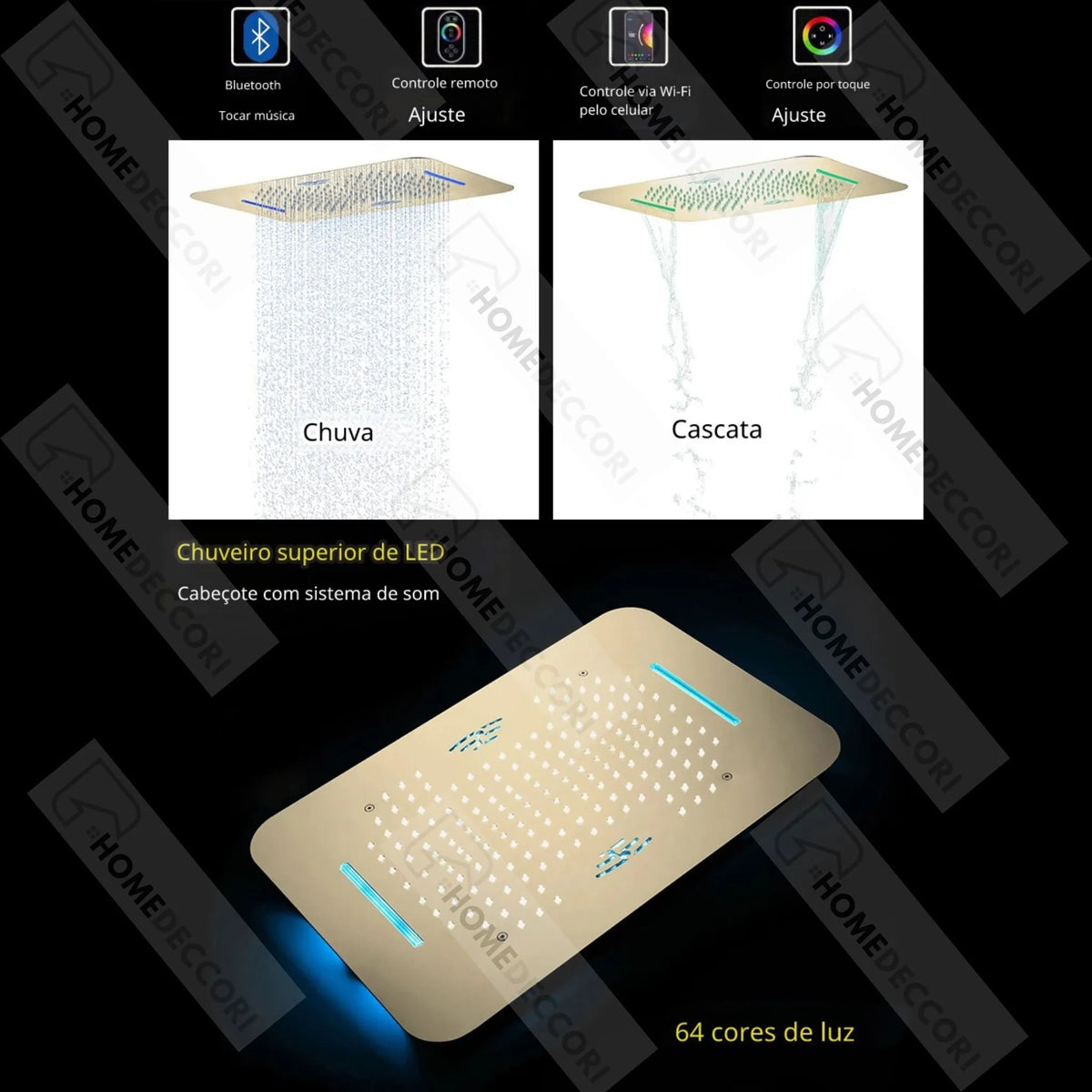 Ducha De Teto Embutir Inox 58x38 LED Bluetooth Bica Noblesse