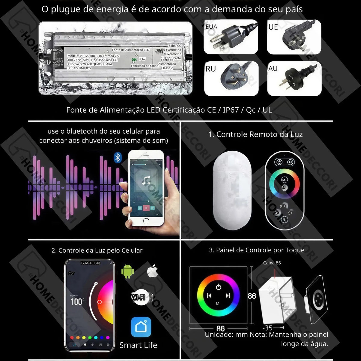 Ducha De Teto Embutir Inox 58x38 LED Bluetooth Bica Noblesse