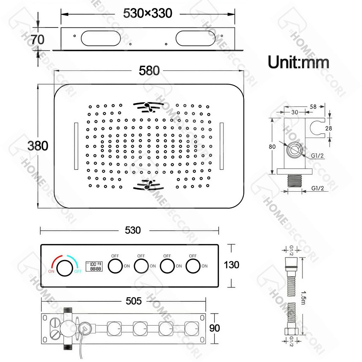 Ducha De Teto Embutir Inox 58x38 LED Bluetooth Bica Noblesse