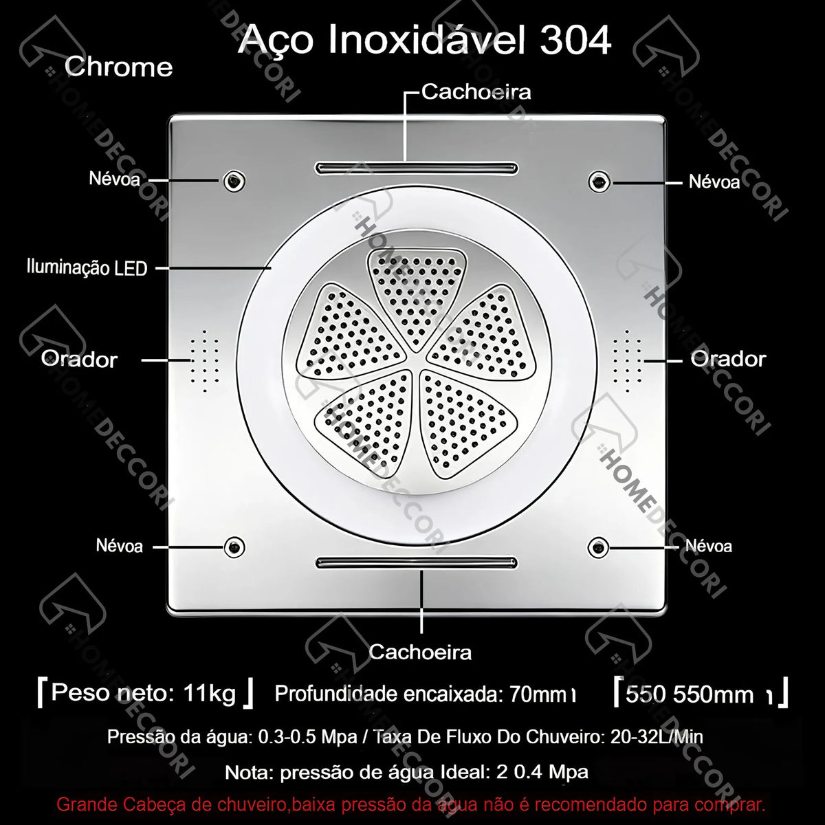 Ducha De Teto Embutir Inox 55x55 LED Bluetooth Spa Parma - Homedeccori