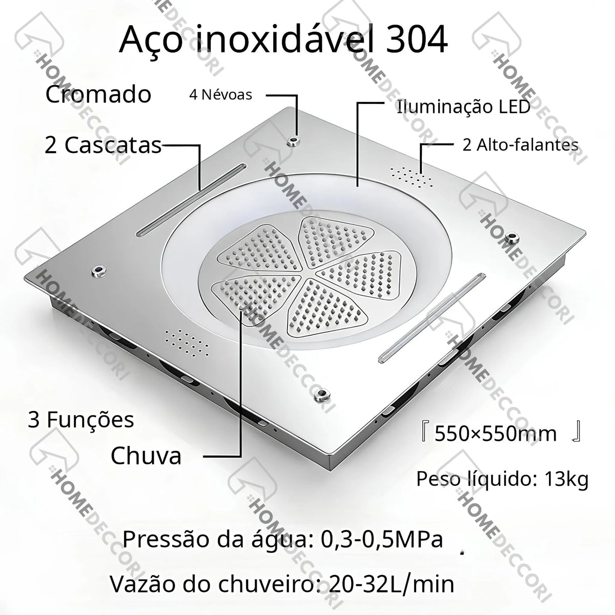 Ducha De Teto Embutir Inox 55x55 LED Bluetooth Spa Parma - Homedeccori