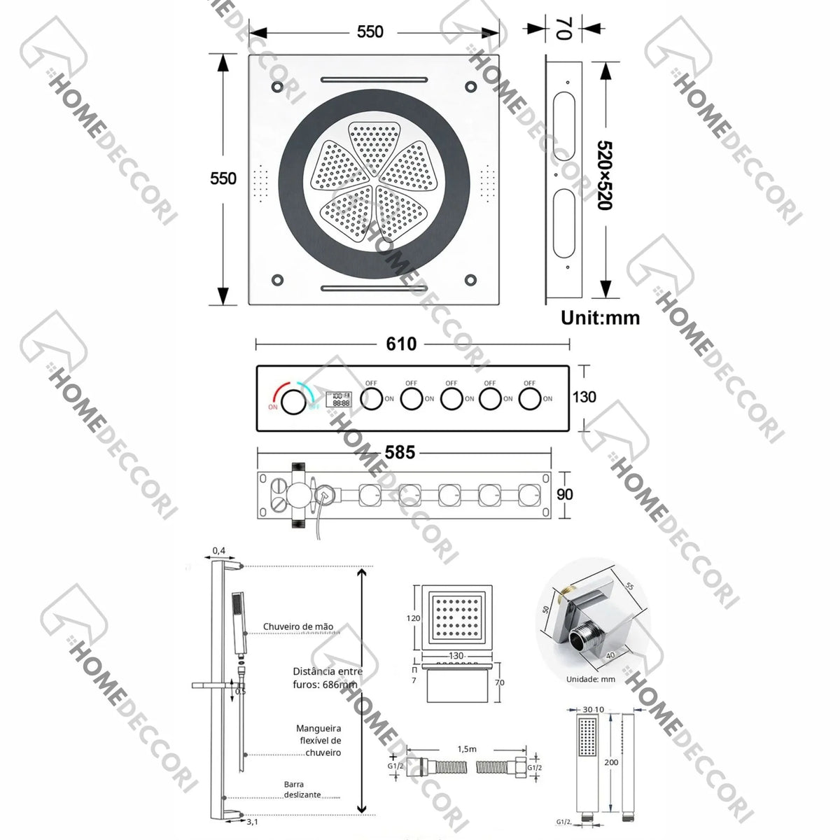 Ducha De Teto Embutir Inox 55x55 LED Bluetooth Spa Parma - Homedeccori