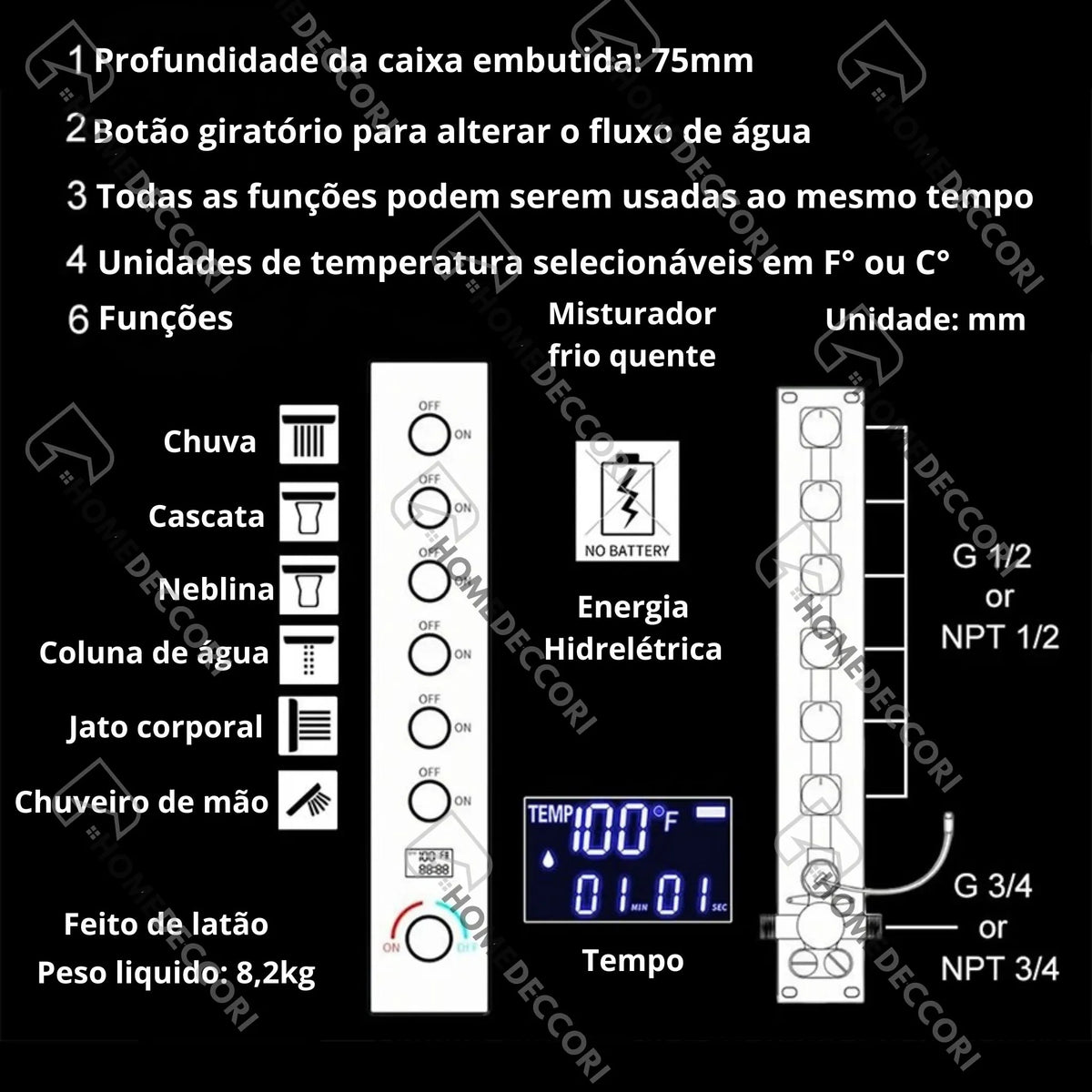 Ducha De Teto Embutir Inox 90x30 LED Bluetooth 6 Jatos Altezza - Homedeccori