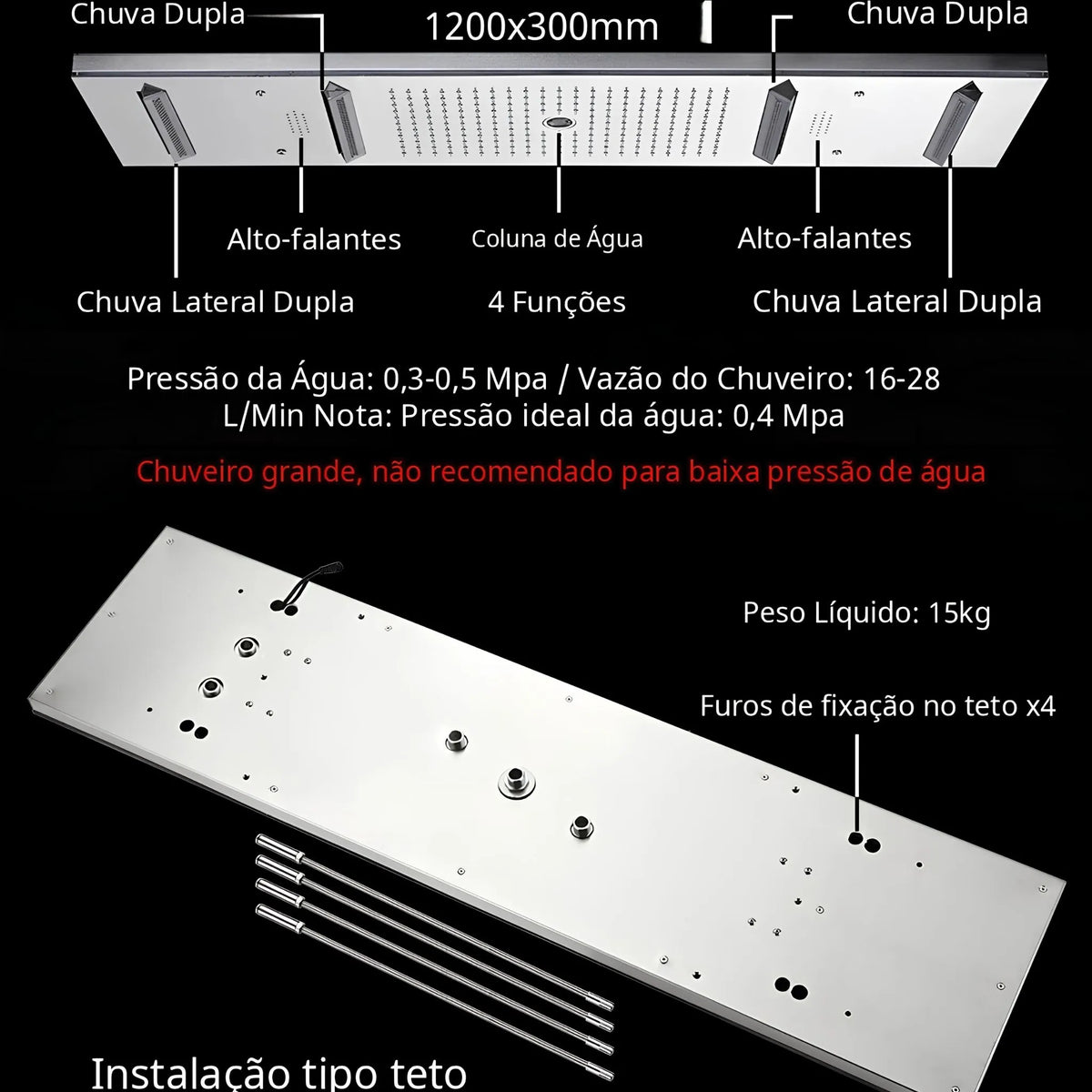 Ducha De Teto Embutir Spa Inox 120x30 LED Bluetooth Sonora - Homedeccori