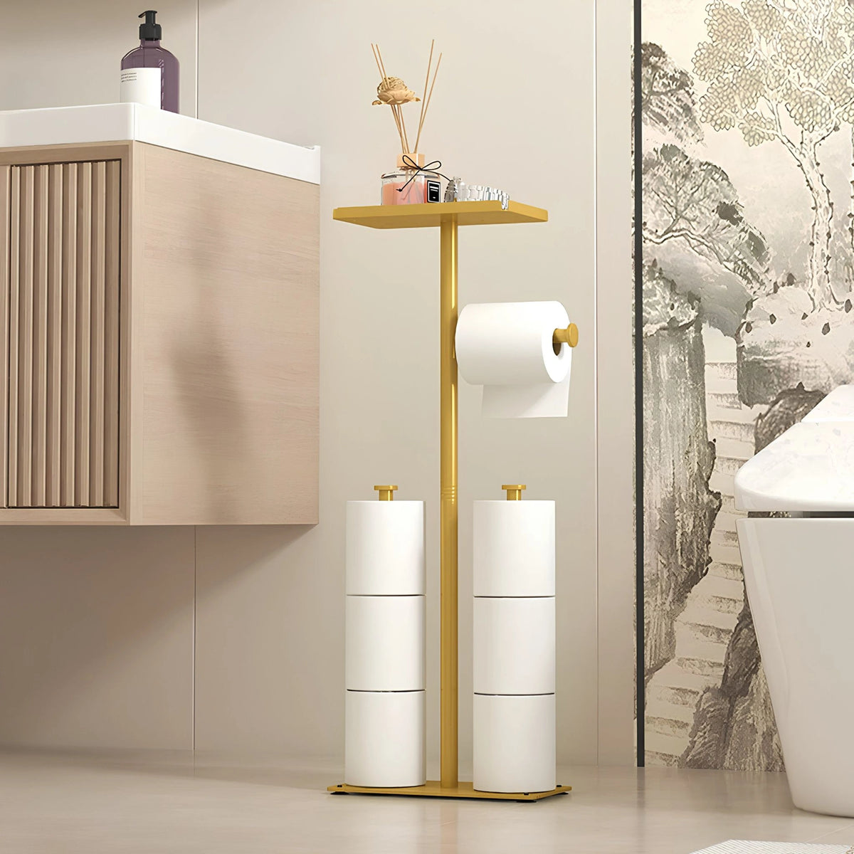 Suporte de Papel Higiênico de Chão Inox Dourado Com Bandeja Cortina