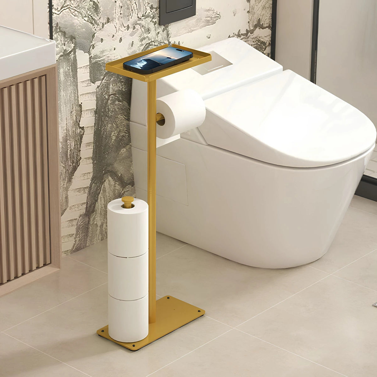 Suporte de Papel Higiênico de Chão Inox Dourado Com Bandeja Cortina