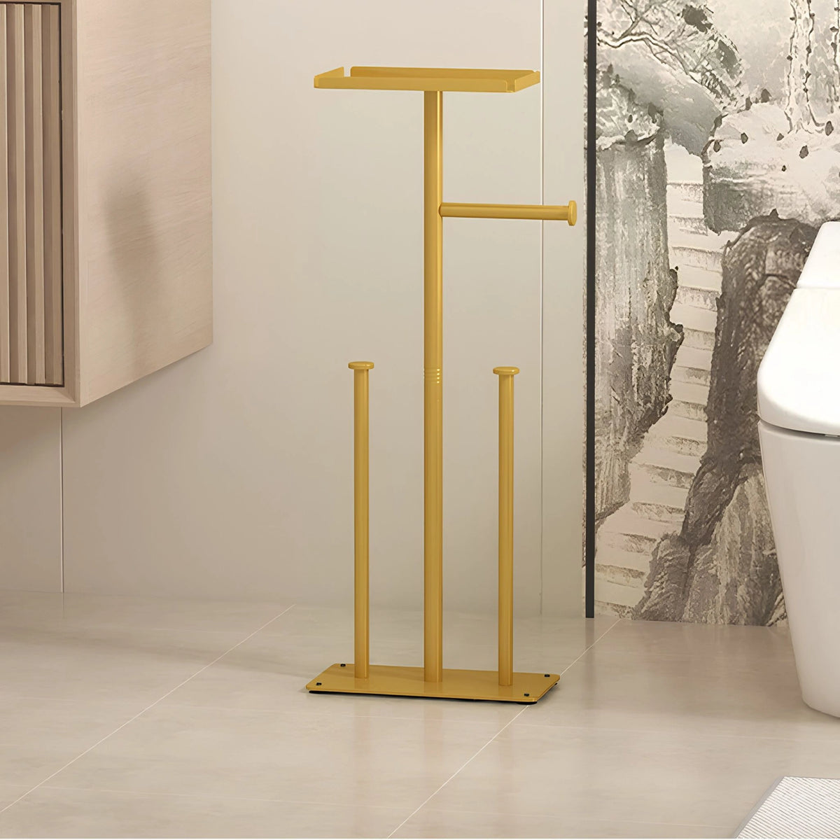 Suporte de Papel Higiênico de Chão Inox Dourado Com Bandeja Cortina
