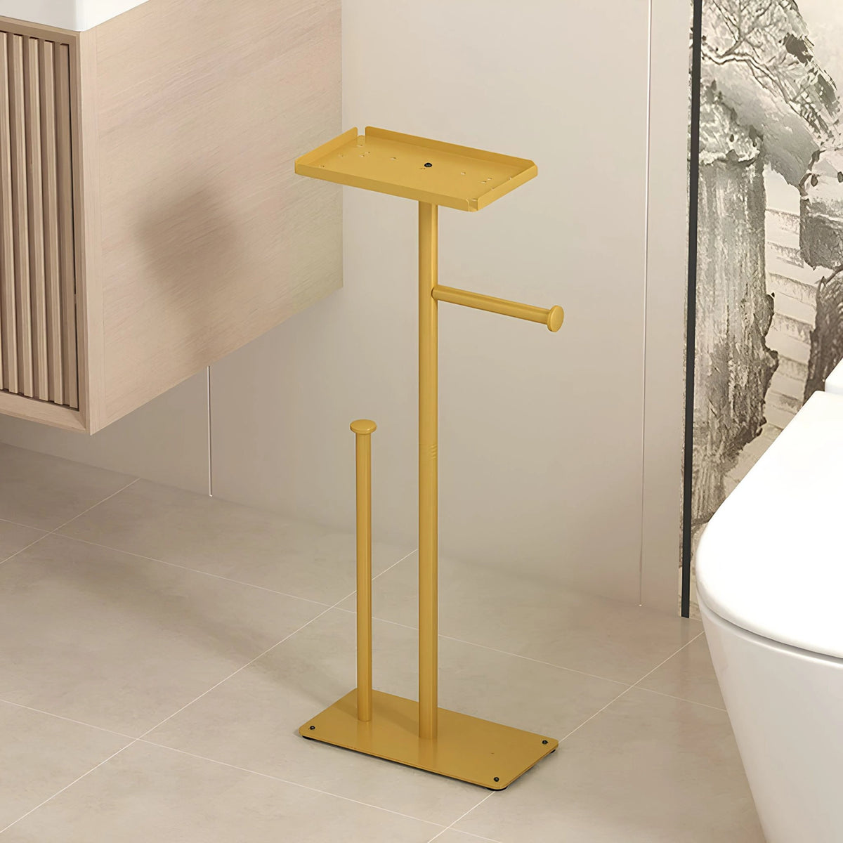 Suporte de Papel Higiênico de Chão Inox Dourado Com Bandeja Cortina