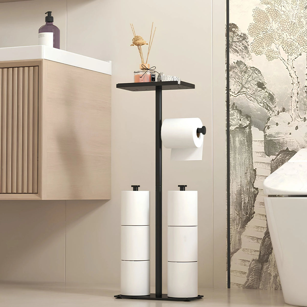 Suporte de Papel Higiênico de Chão Inox Dourado Com Bandeja Cortina