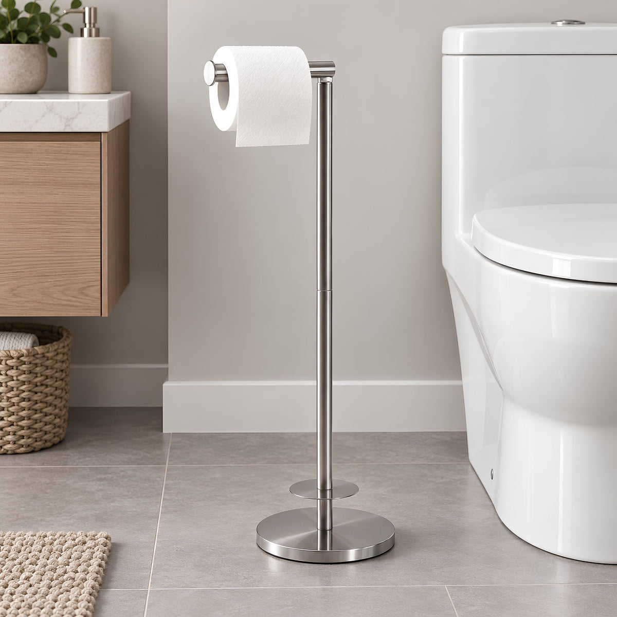 Suporte de Papel Higiênico de Chão Inox Minimalista Com Reserva Lucca