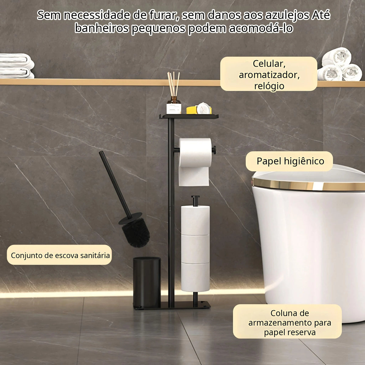 Suporte de Papel Higiênico de Chão Inox Luxuoso Com Escova Sanitária Cascais