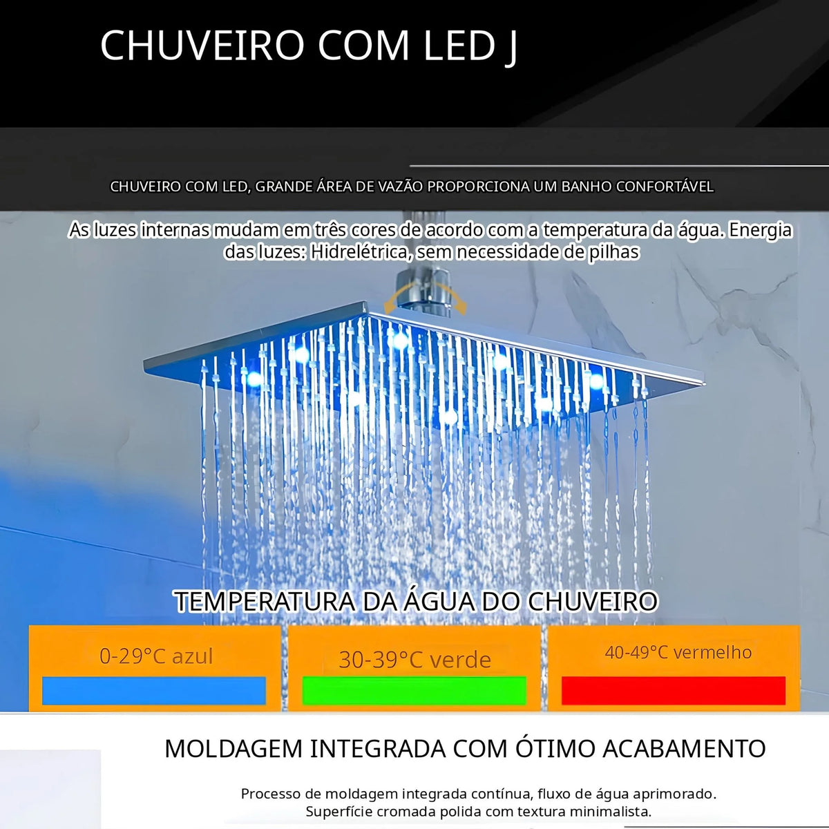 Ducha de Parede Spa Inox 28x18 LED Termostática Conjunto Completo Ascoli