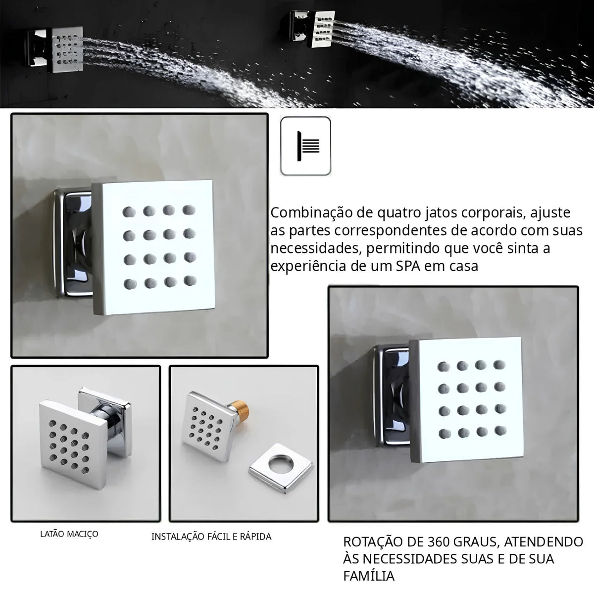 Ducha de Parede Spa Inox 28x18 LED Termostática Conjunto Completo Ascoli