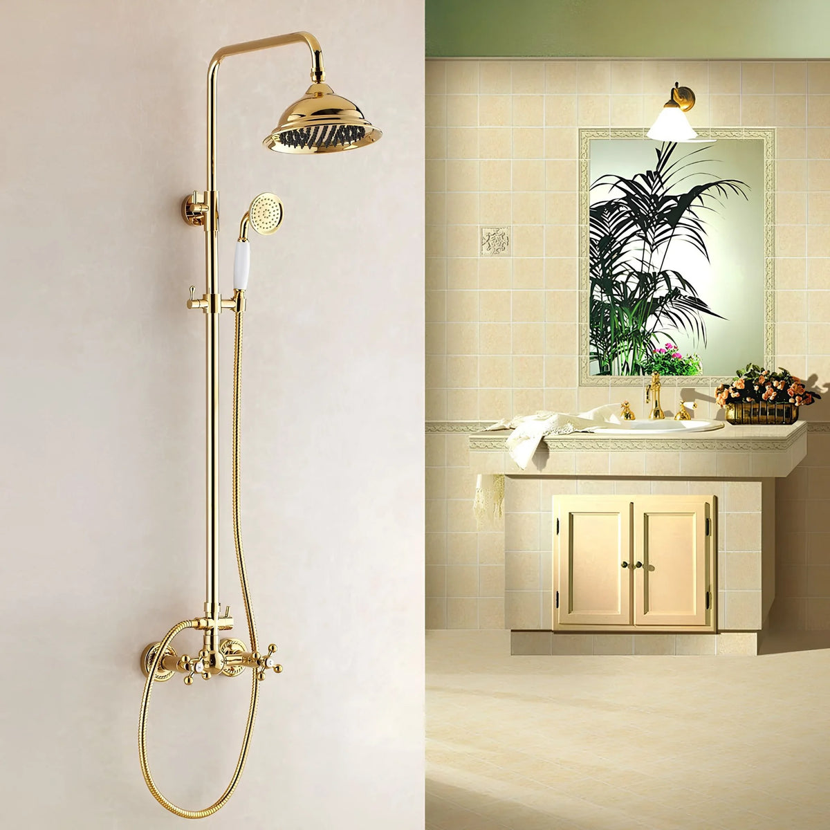 Coluna de Banho Spa Vintage Dourada Duplo Comando Lucerna