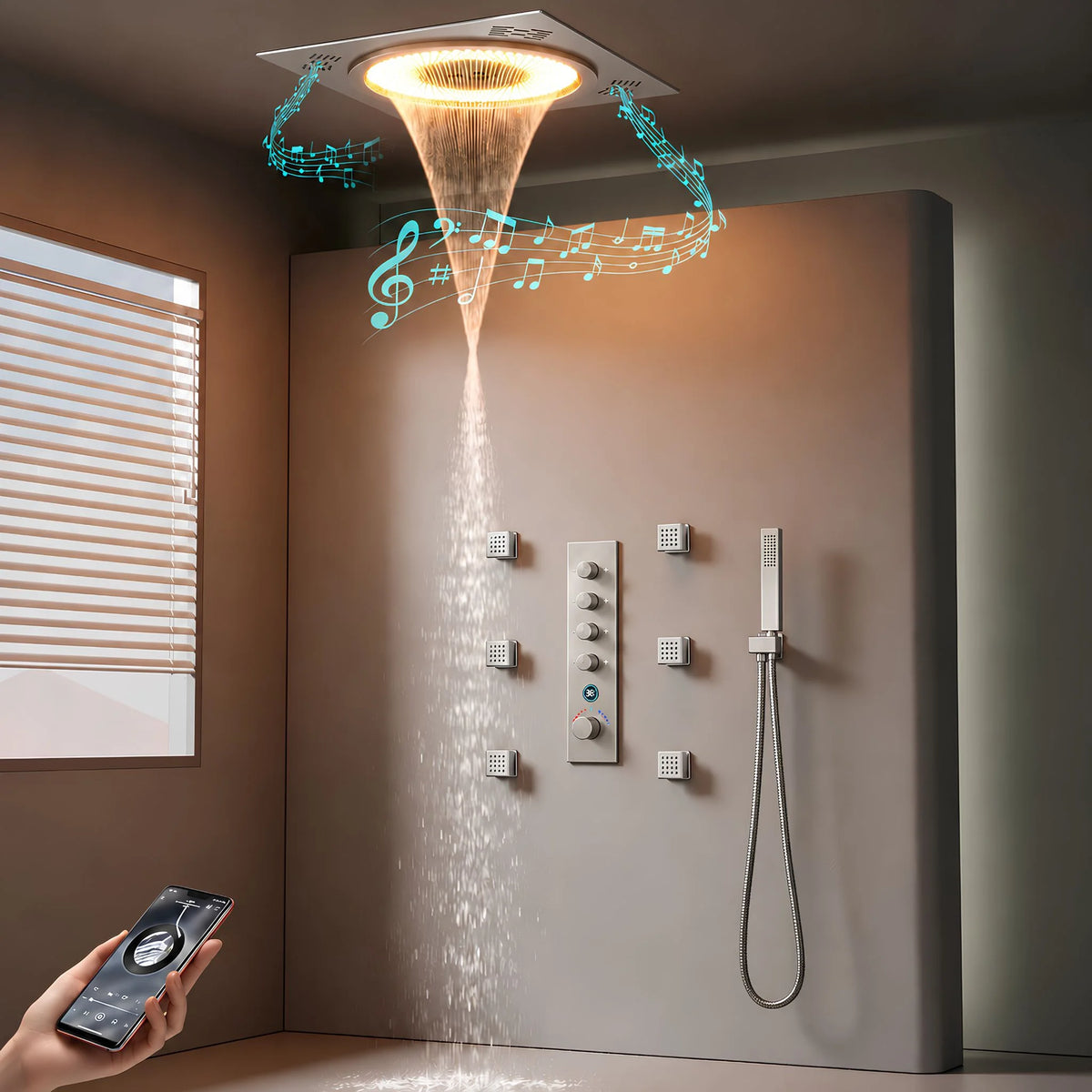 Ducha de Teto Embutir Inox 50x50 LED Bluetooth Sinfonia