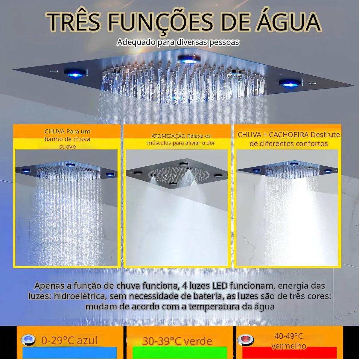 Ducha de Teto Embutir Inox 32x32 LED Termostática Nimbus