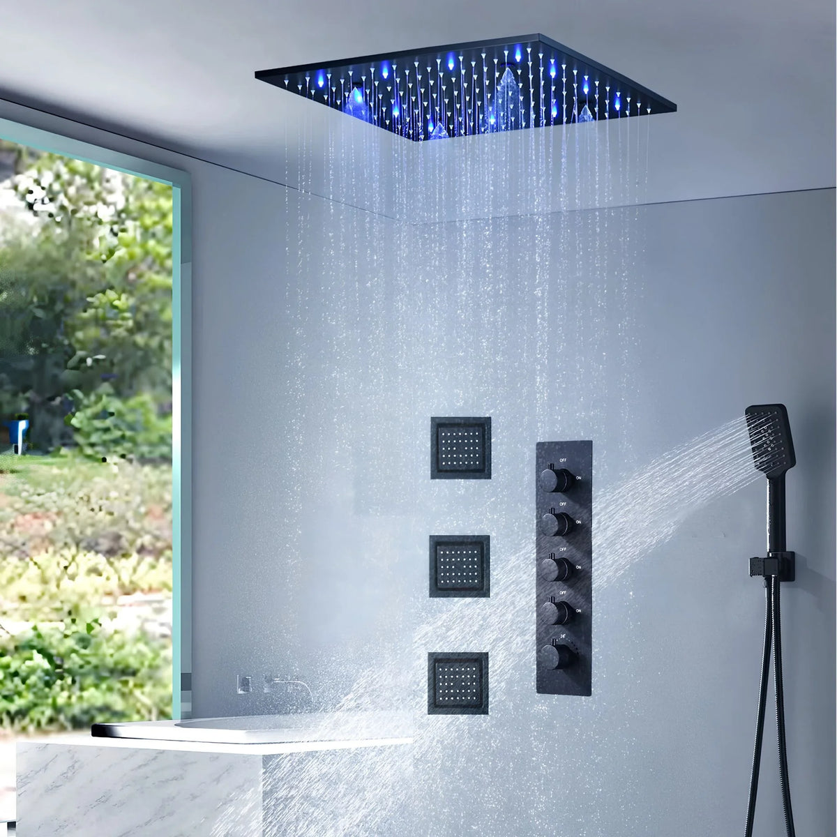 Ducha de Teto Embutir Inox 50x50 LED Termostática Nero