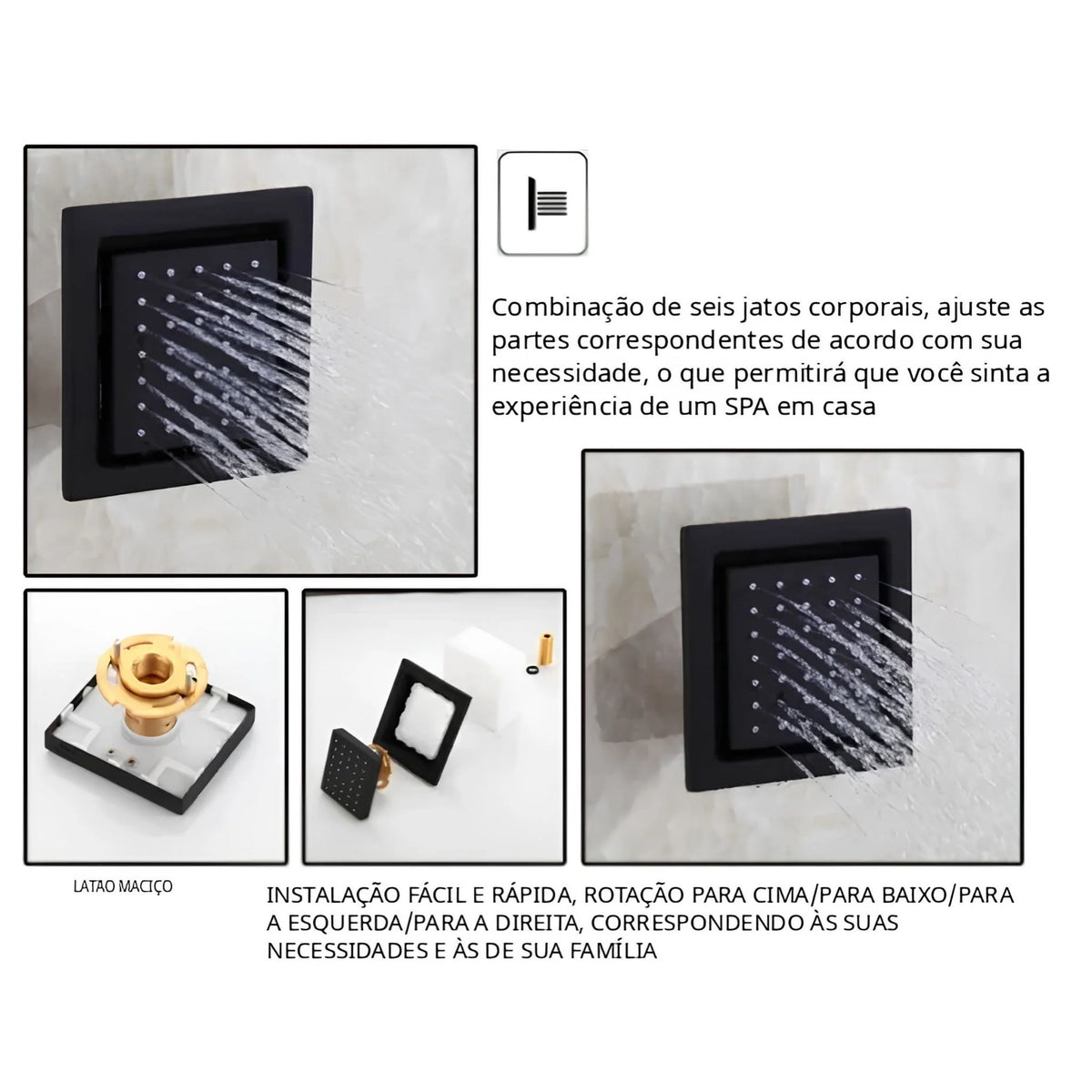 Ducha de Teto Embutir Inox 50x50 LED Termostática Nero