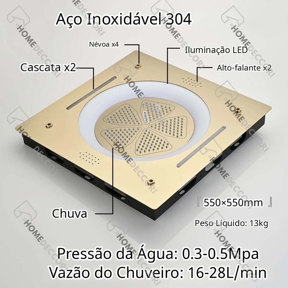 Ducha De Teto Embutir Inox 55x55 LED Bluetooth Spa Siena - Homedeccori
