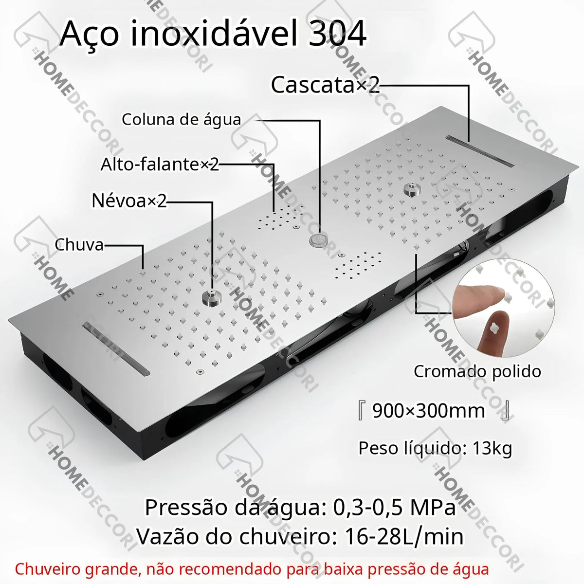 Ducha De Teto Embutir Inox 90x30 LED Bluetooth Spa Modena - Homedeccori