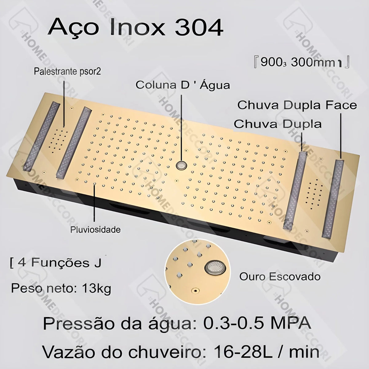 Ducha de Teto Embutir Spa Inox 90x30 LED Bluetooth Horizon
