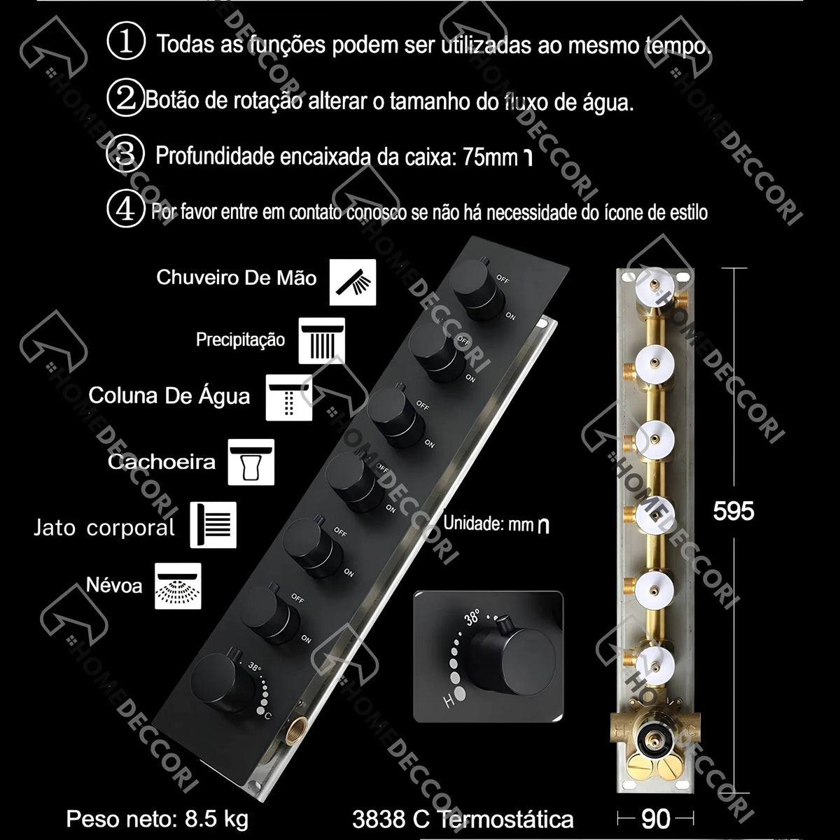 Ducha De Teto Embutir Inox 90x30 LED Bluetooth Spa Modena - Homedeccori