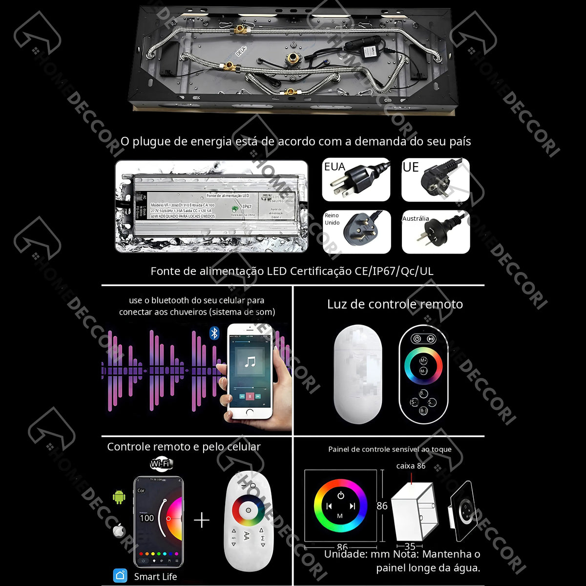 Ducha De Teto Embutir Inox 90x30 LED Bluetooth Spa Torrente - Homedeccori