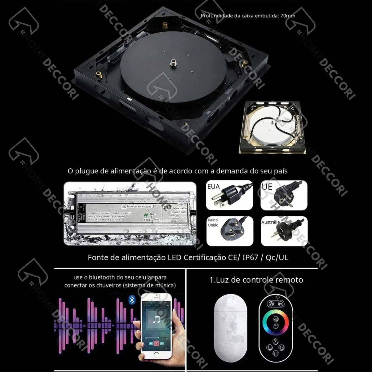 Ducha De Teto Embutir Inox 55x55 LED Bluetooth Spa Cremona - Homedeccori