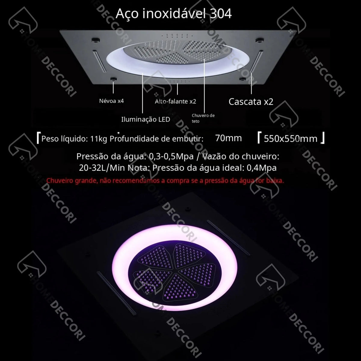 Ducha De Teto Embutir Inox 55x55 LED Bluetooth Spa Cremona - Homedeccori