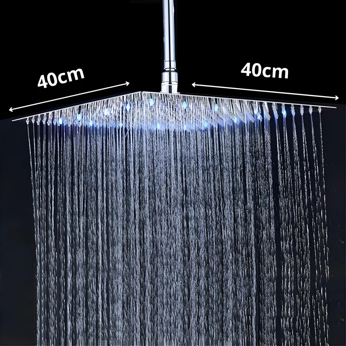 Chuveiro de teto quadrado em inox com LED azul e jatos de água, marca Homedeccori.