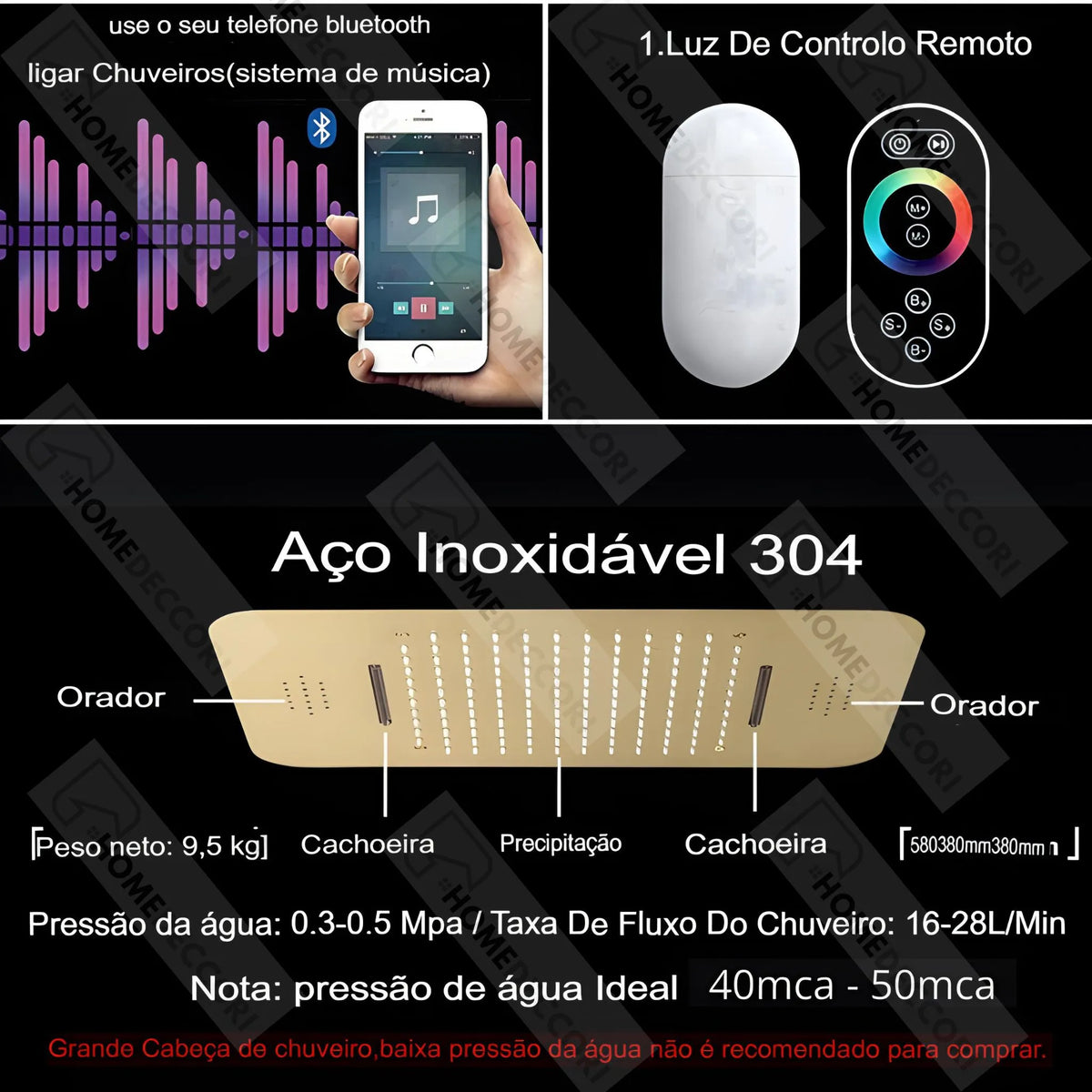 Ducha de Teto Embutir Spa Inox 58x38 LED Bluetooth Prime - Homedeccori