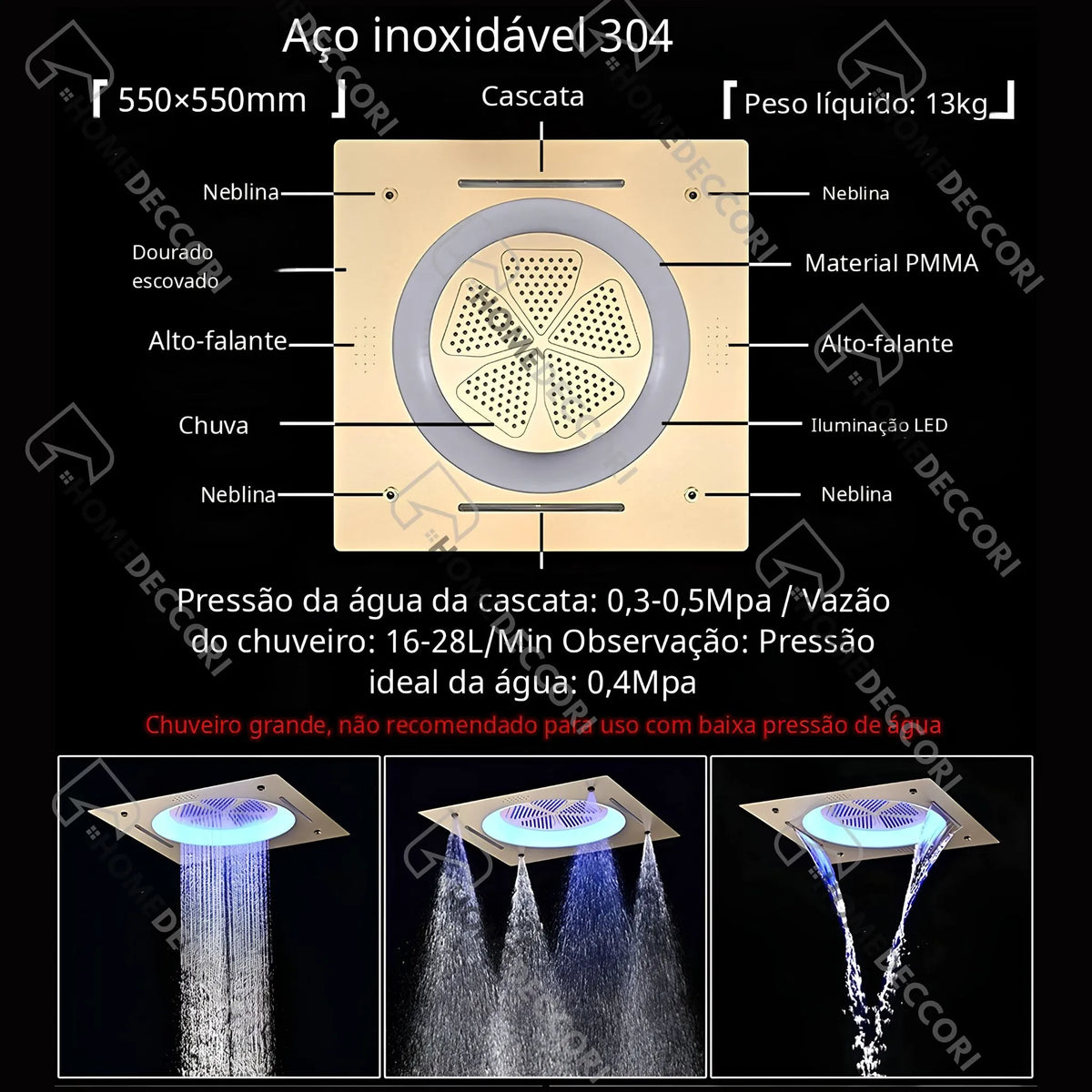 Ducha De Teto Embutir Inox 55x55 LED Bluetooth Spa Siena - Homedeccori
