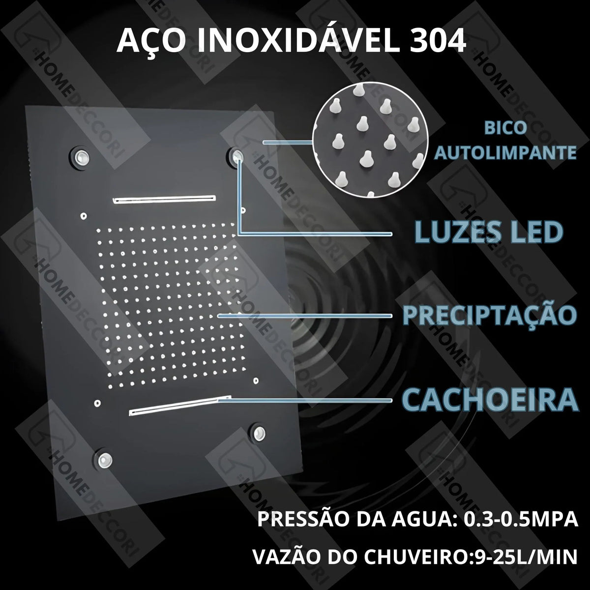 Chuveiro de teto embutir Homedeccori em aço inox 304 com LED, efeito cascata e bicos autolimpantes.