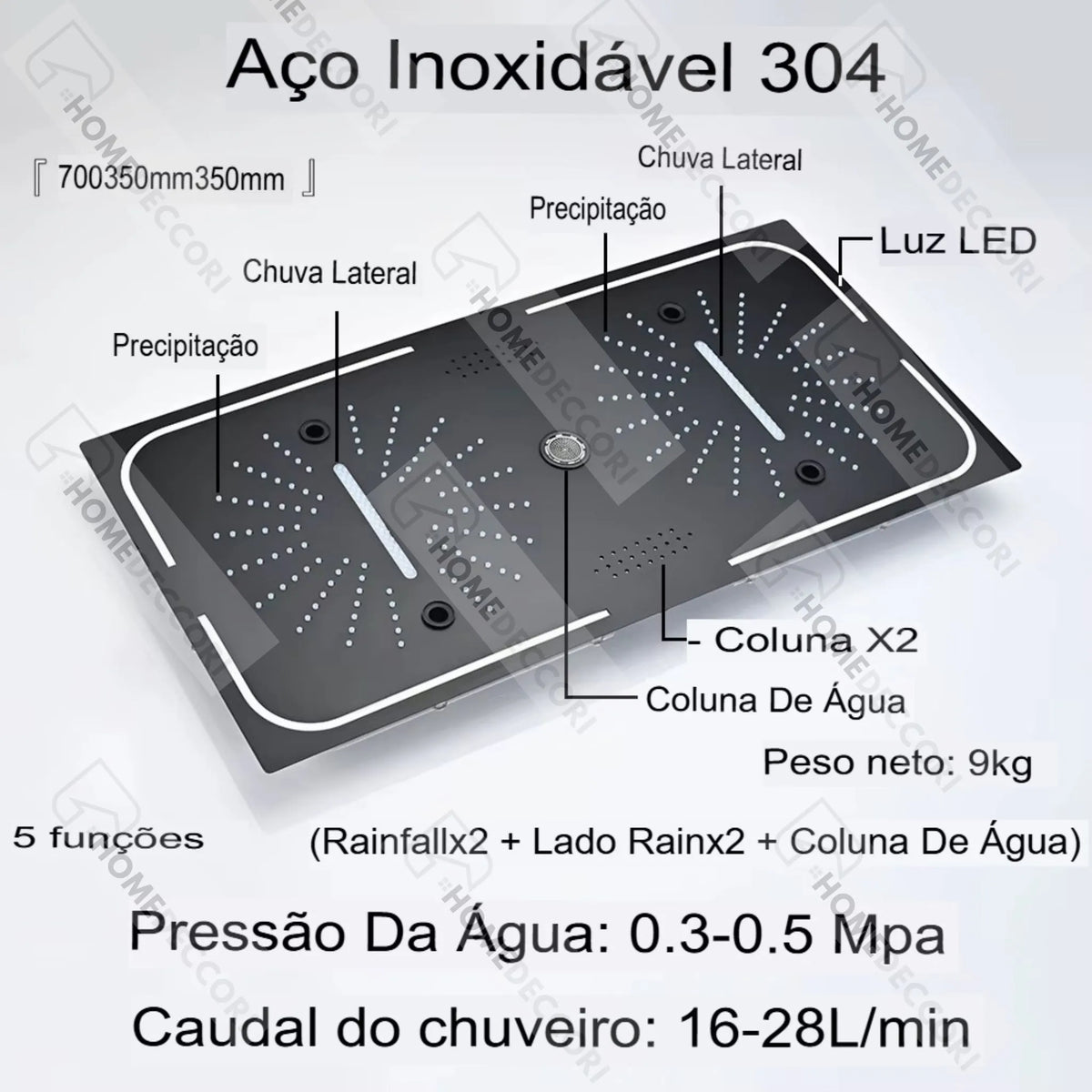 Ducha De Teto Embutir Inox 70x35 LED Bluetooth Spa Sonata - Homedeccori