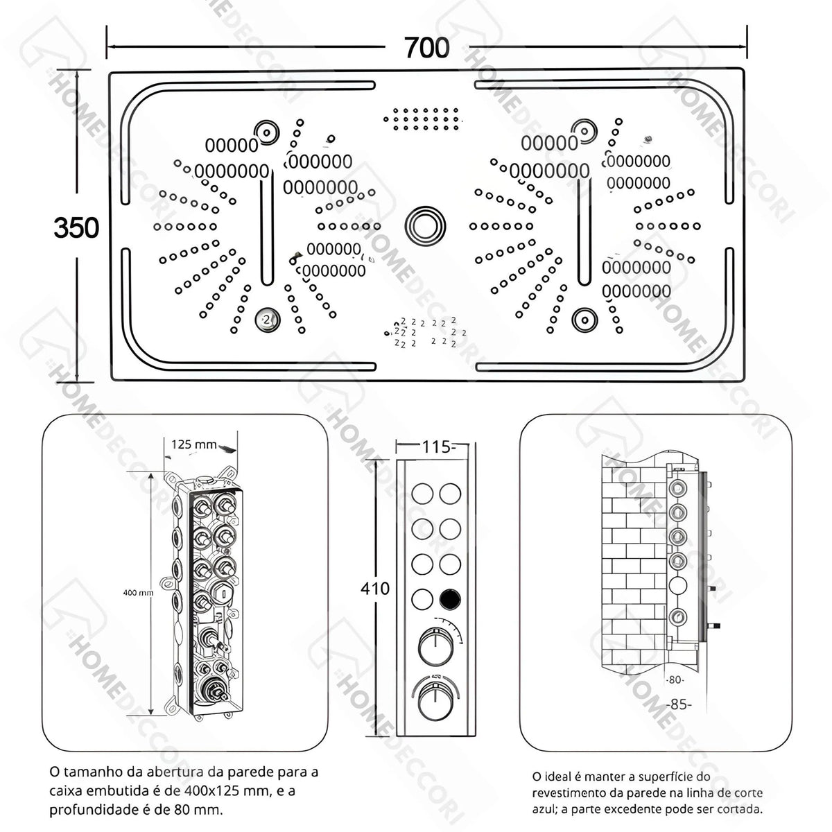 Ducha De Teto Embutir Inox 70x35 LED Bluetooth Spa Sonata - Homedeccori