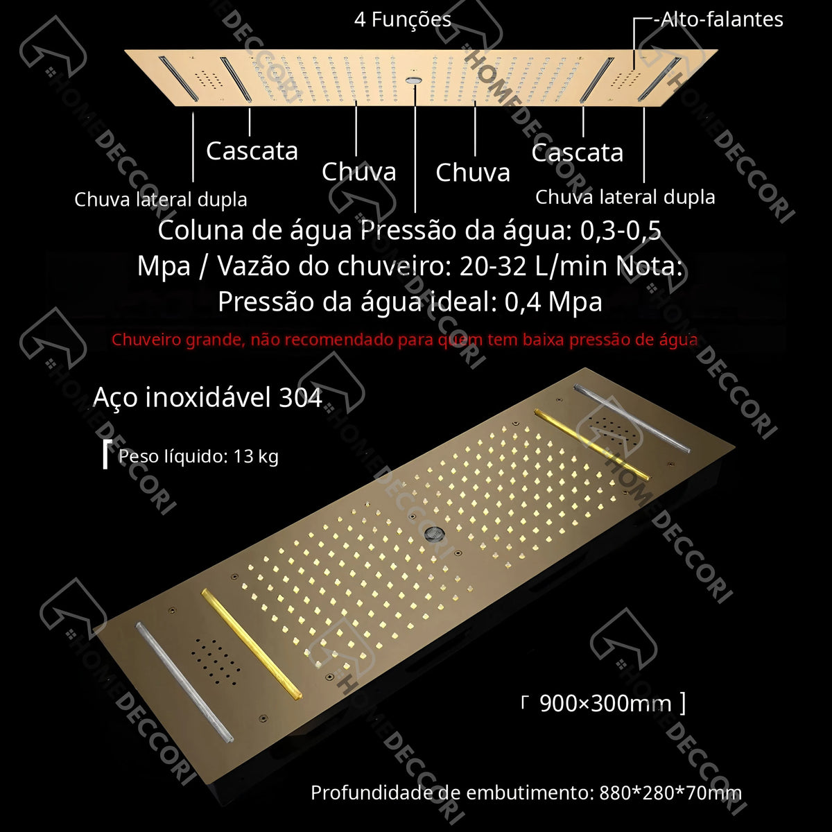 Ducha De Teto Embutir Inox 90x30 LED Bluetooth Spa Torrente - Homedeccori