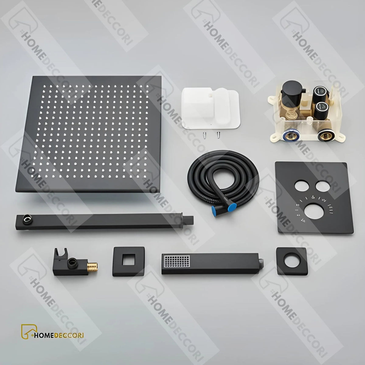 Kit Chuveiro de Teto Preto Fosco Slim 40cm SpaCielo da Homedeccori com acessórios.