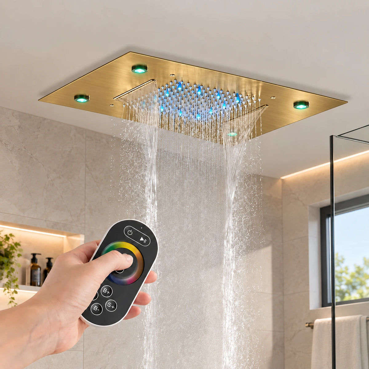 Chuveiro De Teto Embutir Cascata Inox LED Spa AquaLuminos