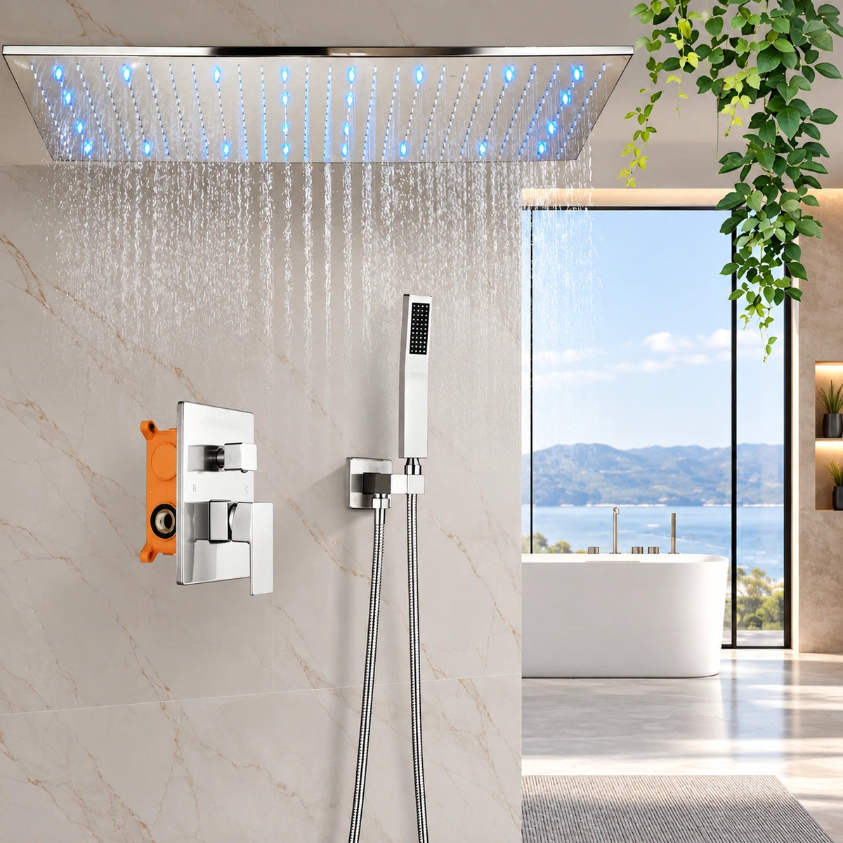 Ducha de Teto Inox Spa 80x40 Embutir LED Conjunto Fontana - Homedeccori