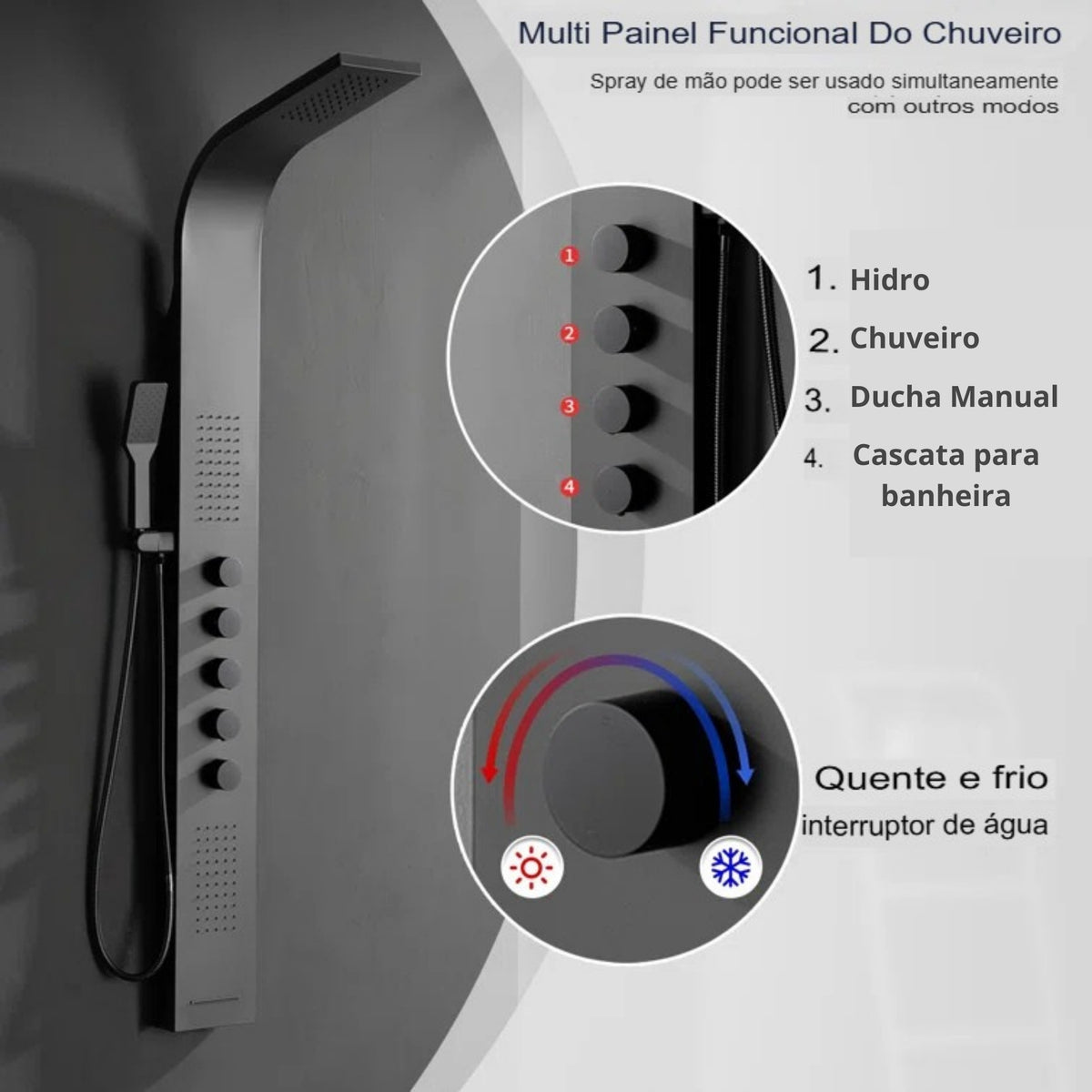 Ducha Vertical Inox Com Hidro Spa 4 Funções Black Sea