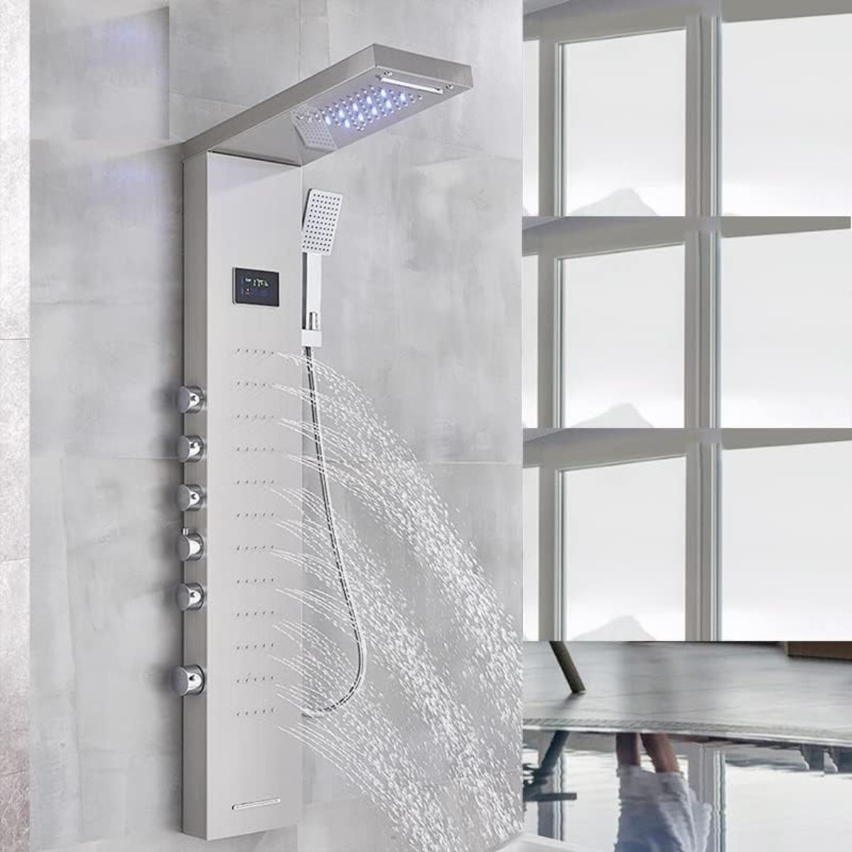 Ducha Vertical Spa Infinity Homedeccori em inox com cascata, jatos de hidromassagem e display digital.