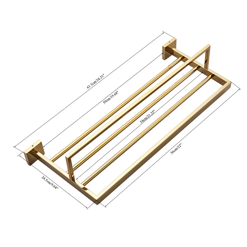 Toalheiro de luxo em aço inox dourado Homedeccori com dimensões detalhadas.