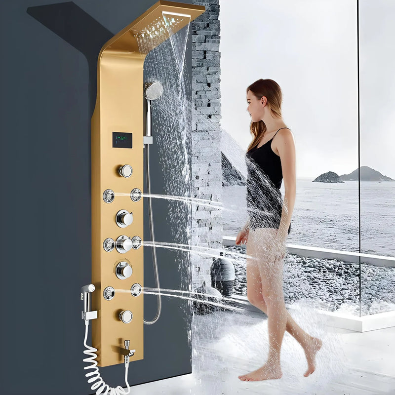 Ducha Vertical Com Hidro Cascata Led Display Digital Inox Slim JetFlow