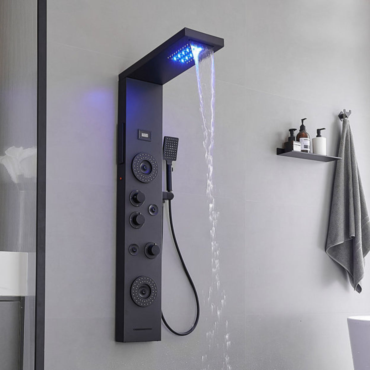 Ducha Vertical Com Hidro Cascata Led Visor Inox Spa Black Full