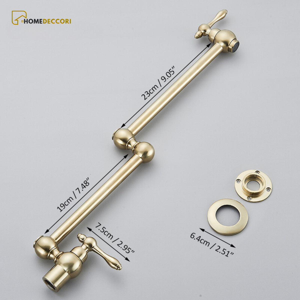 Torneira articulada de parede Homedeccori Veneza em inox dourado com medidas detalhadas.